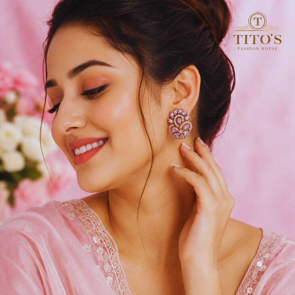 American Diamond Rose Gold Floral Earrings for Women | Elegant Party Wear & Festive Jewellery