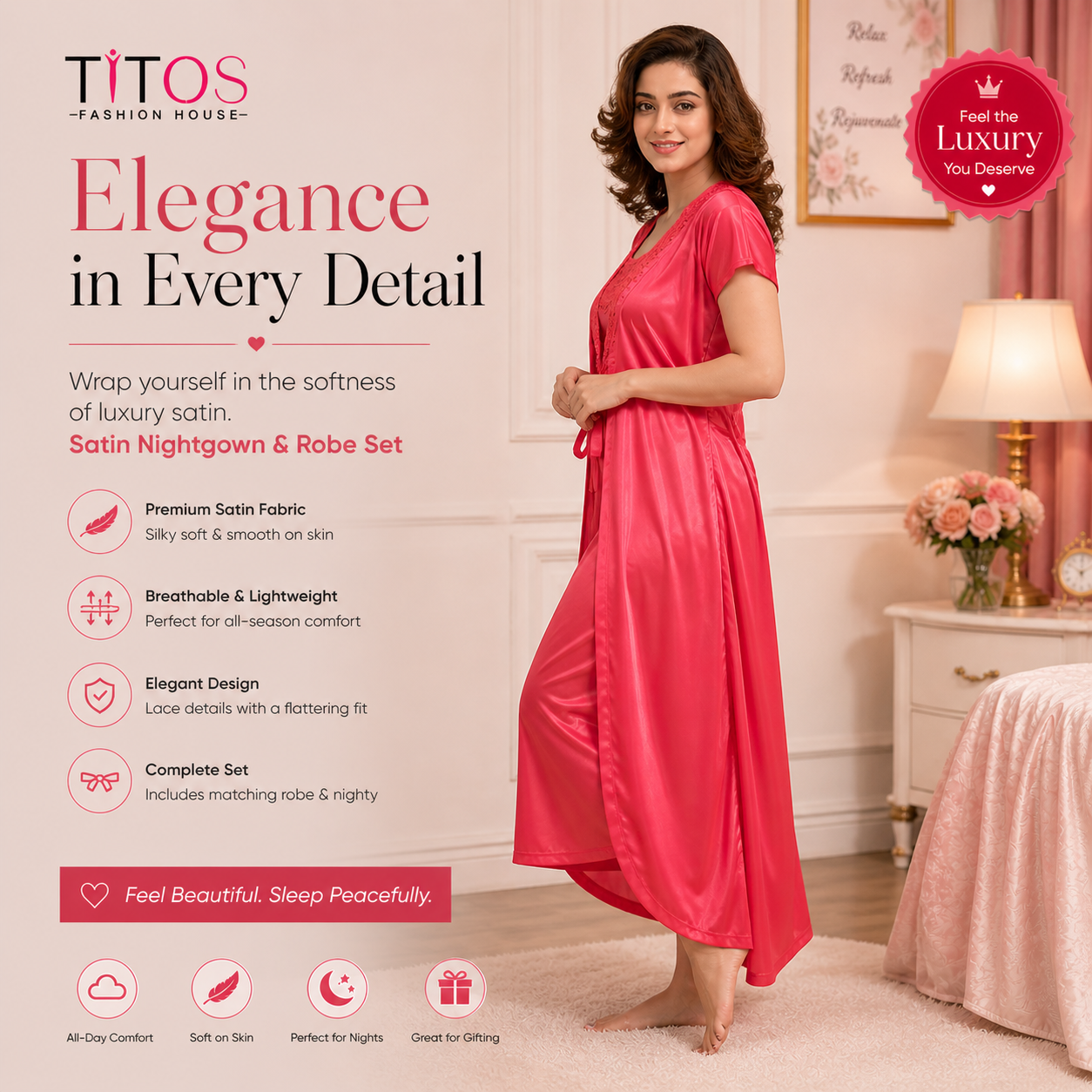Women’s Satin Nighty & Robe Set – Elegant Soft Nightwear