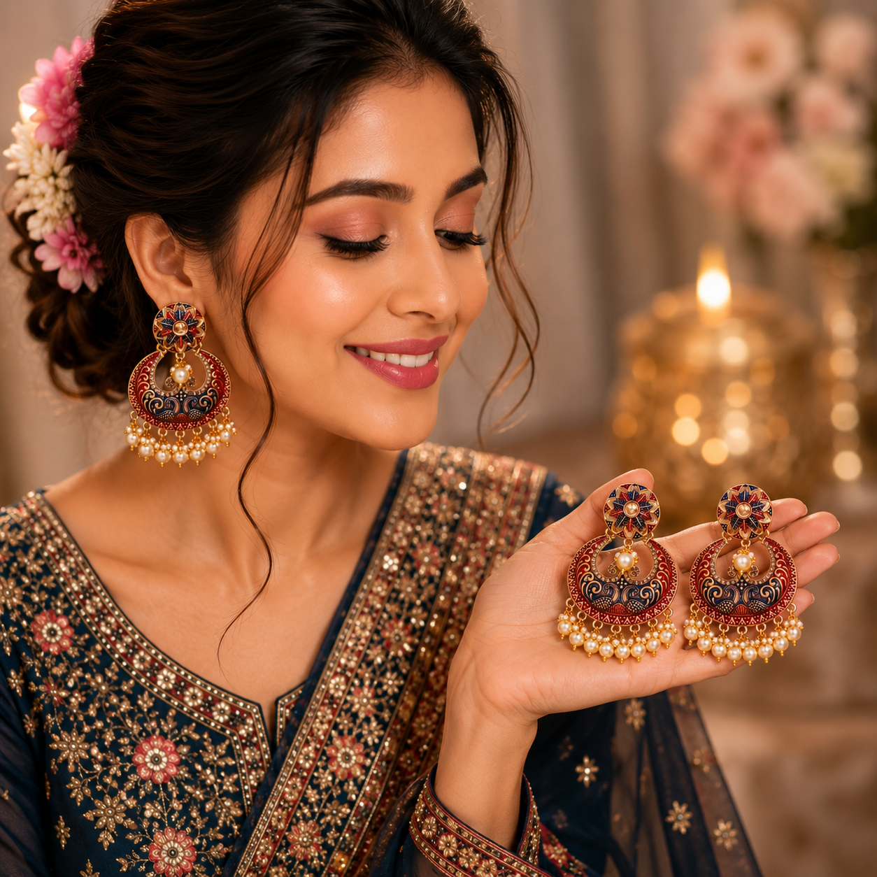 Woman holding and showing off ornate earrings with a decorated background