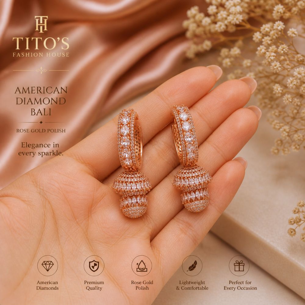 American Diamond Bali Earrings – Rose Gold Polish | Elegant Party Wear