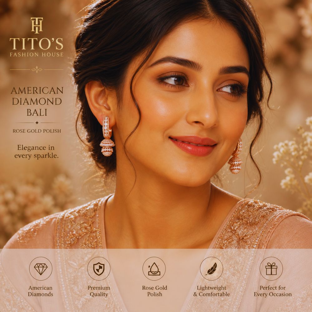 American Diamond Bali Earrings – Rose Gold Polish | Elegant Party Wear