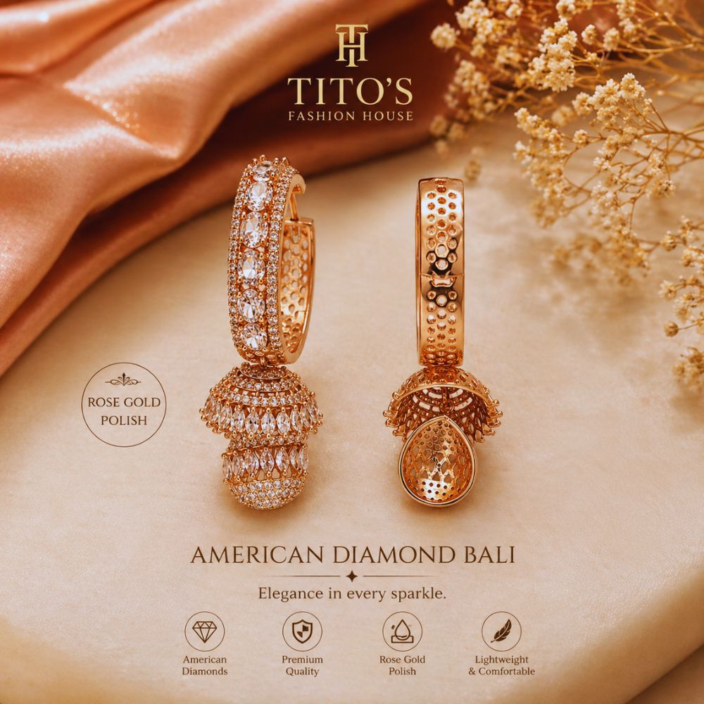 American Diamond Bali Earrings – Rose Gold Polish | Elegant Party Wear