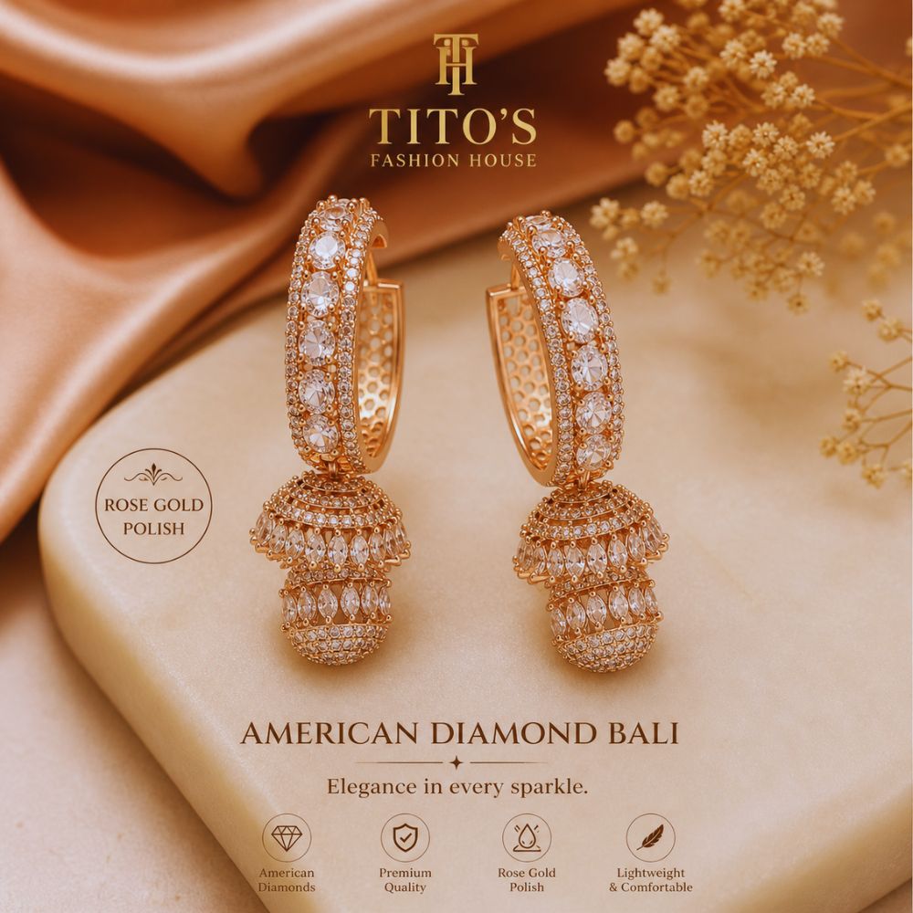 American Diamond Bali Earrings – Rose Gold Polish | Elegant Party Wear