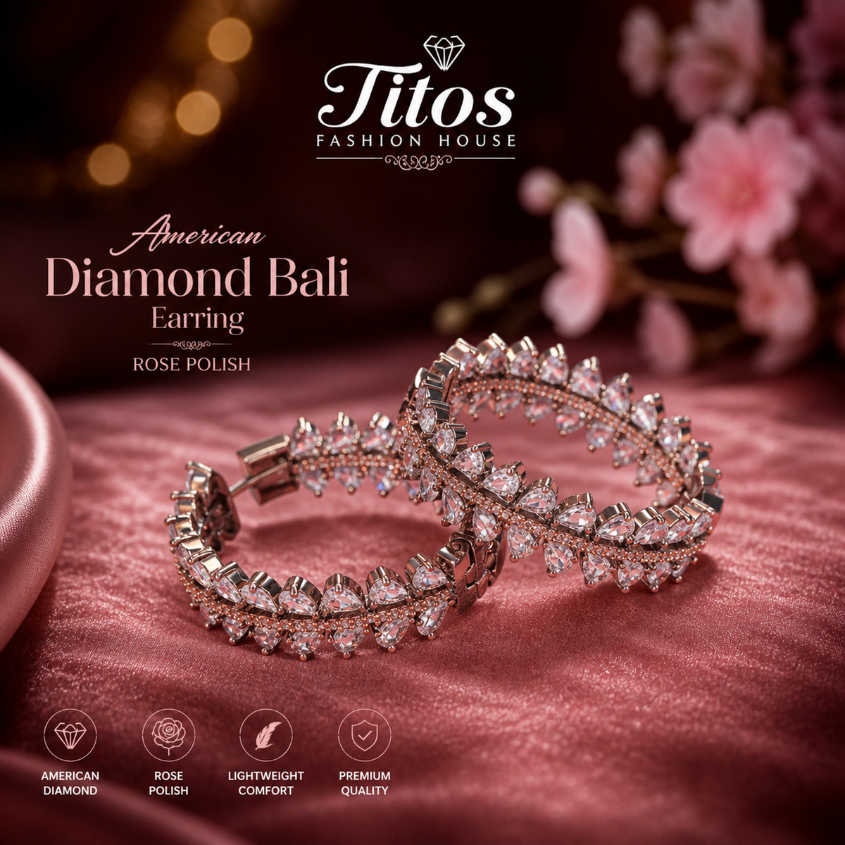 American Diamond Bali Earrings – Rose Polish | Elegant Party Wear Hoops