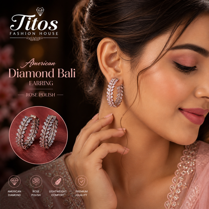 Woman wearing a rose gold earring with 'Titos Fashion House' branding and product details.