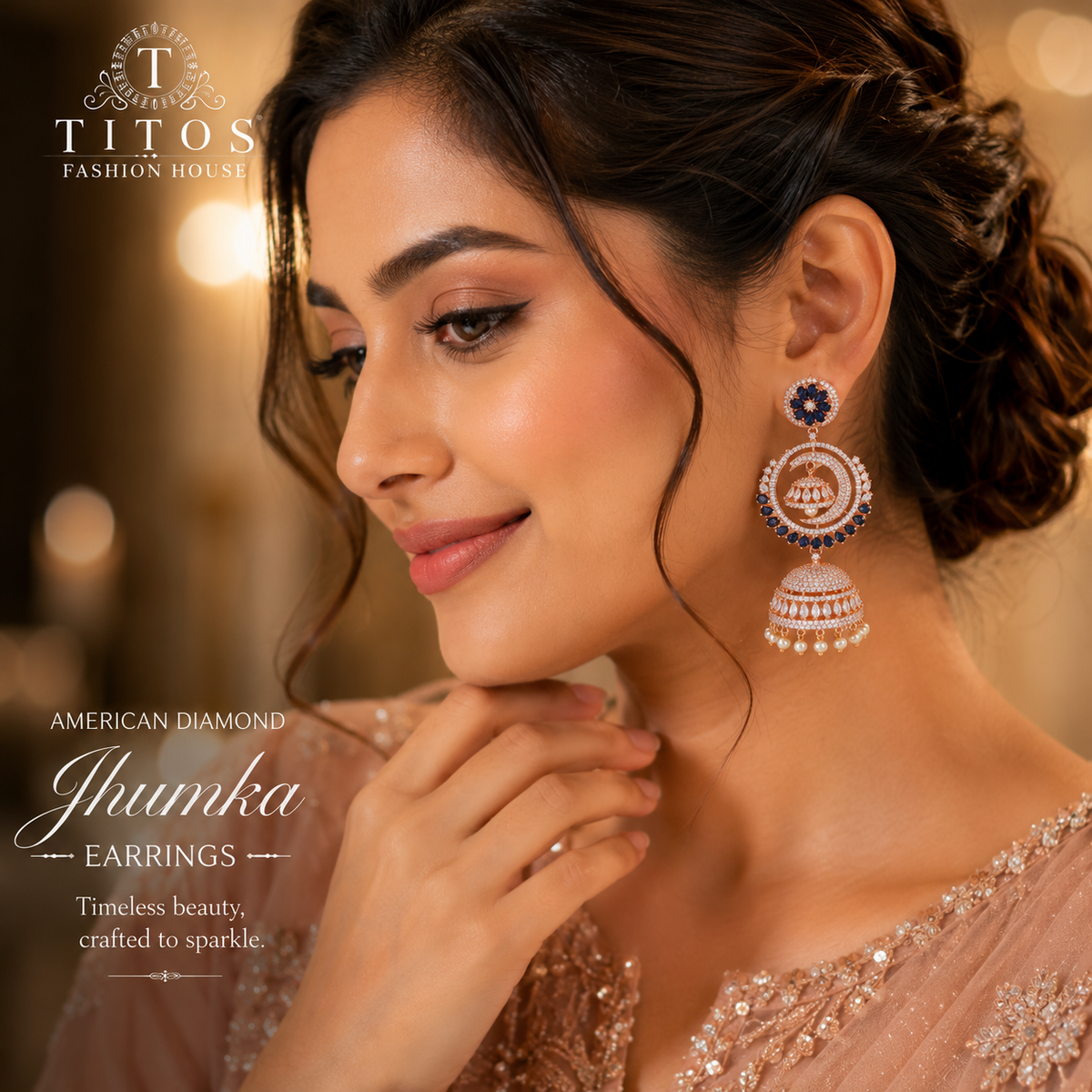 American Diamond Chandbali Jhumka Earrings – Blue & Rose Gold