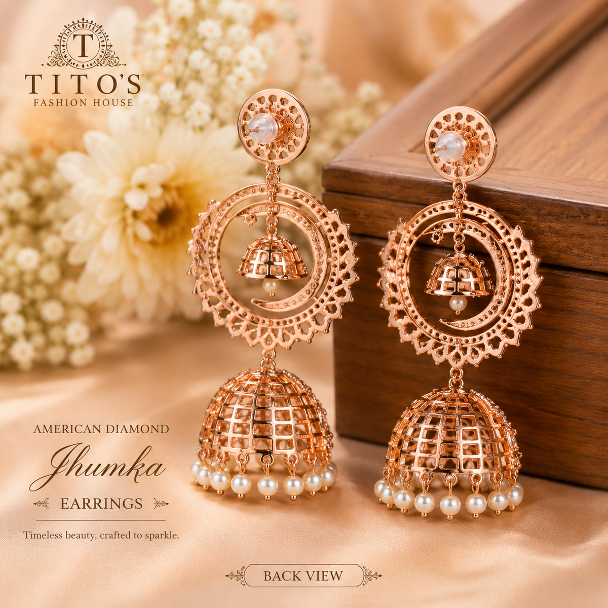 American Diamond Chandbali Jhumka Earrings – Blue & Rose Gold