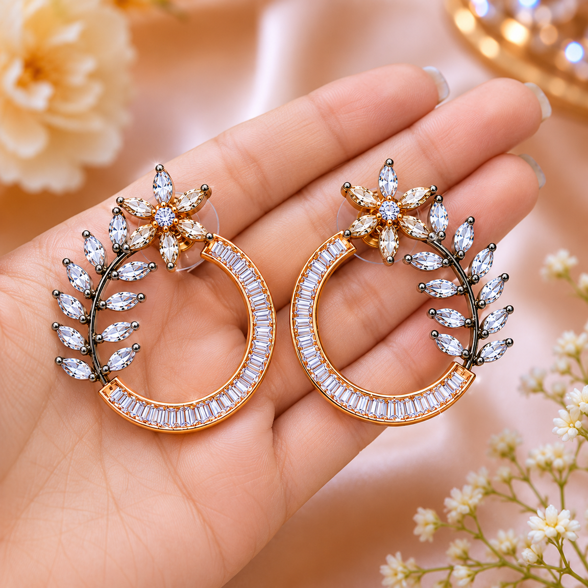 American Diamond Floral Hoop Earrings for Women