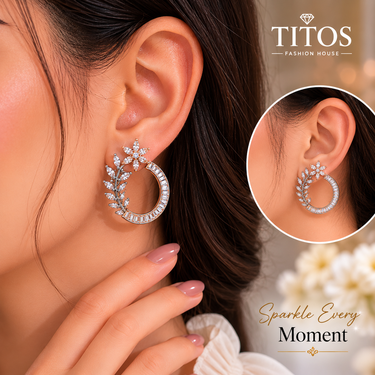 American Diamond Floral Hoop Earrings for Women