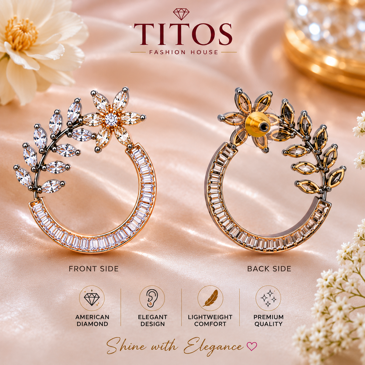 American Diamond Floral Hoop Earrings for Women