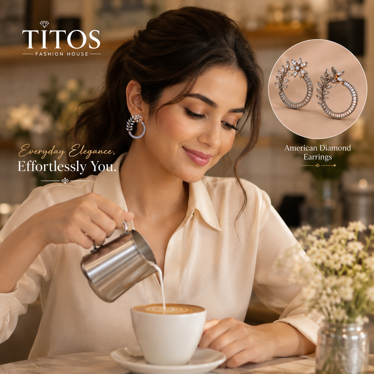American Diamond Floral Hoop Earrings for Women