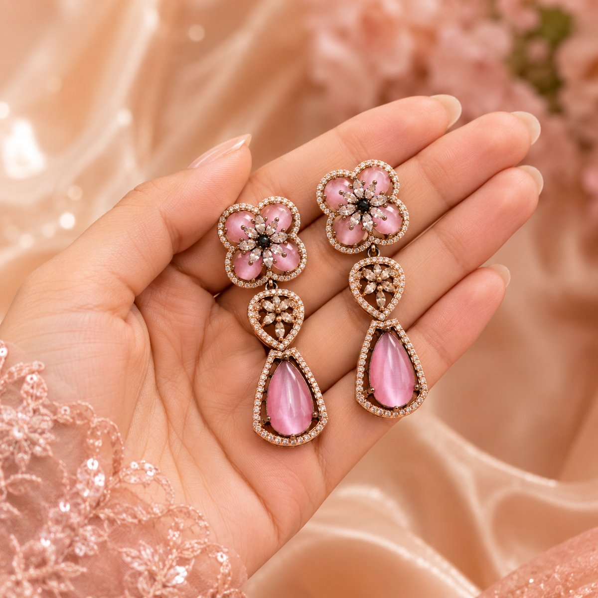American Diamond Floral Pink Stone Drop Earrings for Women | Rose Gold Polish Party Wear Earrings