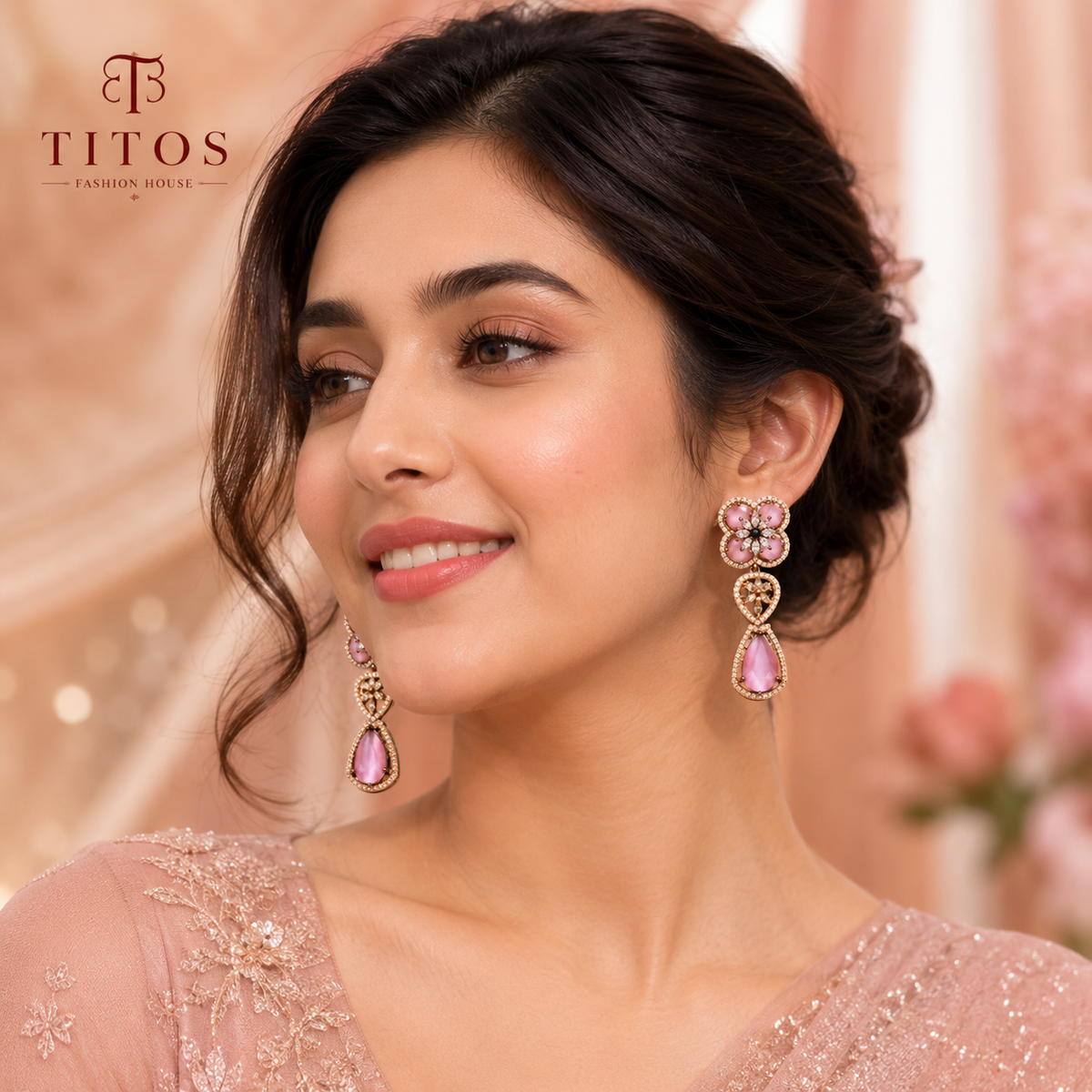 American Diamond Floral Pink Stone Drop Earrings for Women | Rose Gold Polish Party Wear Earrings