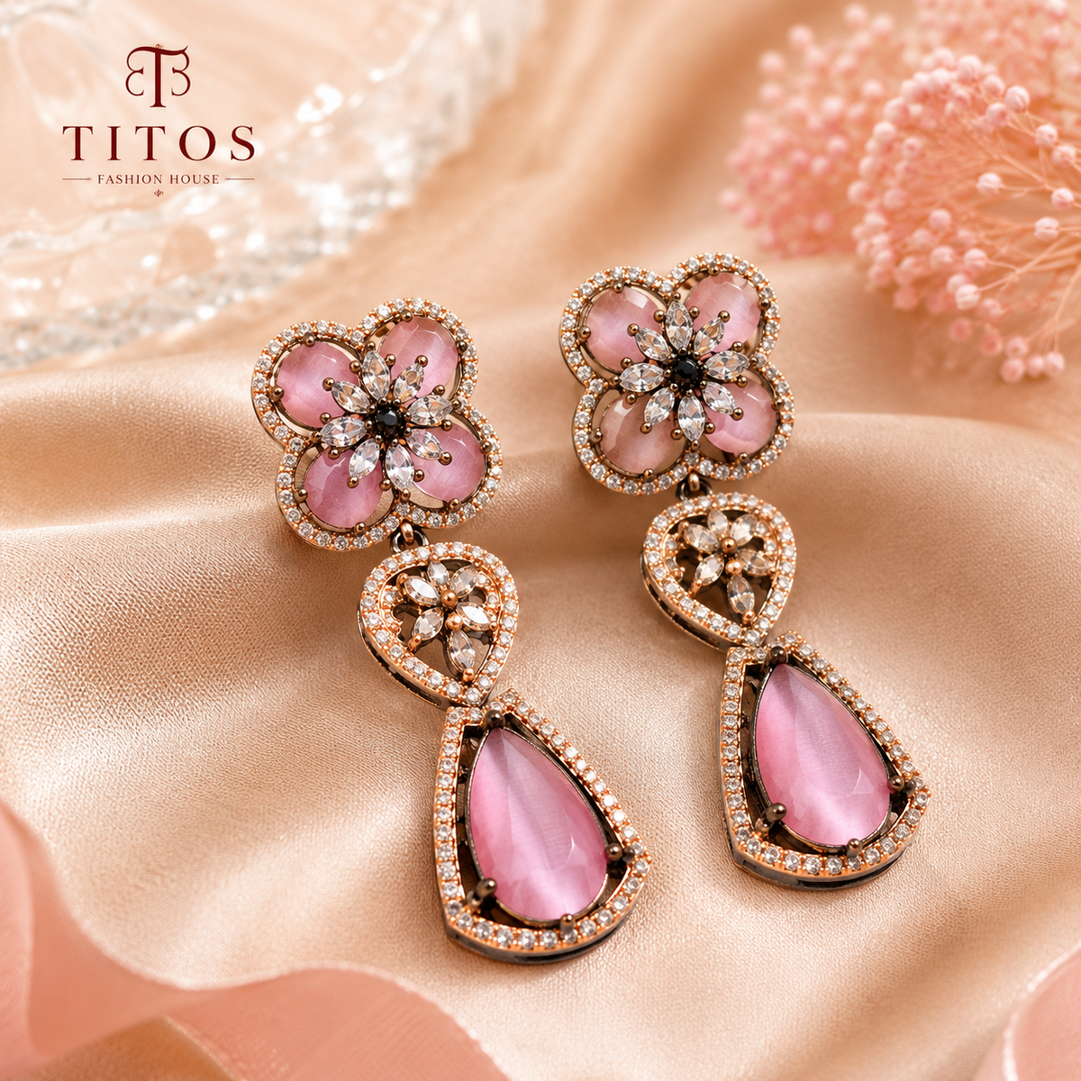 American Diamond Floral Pink Stone Drop Earrings for Women | Rose Gold Polish Party Wear Earrings