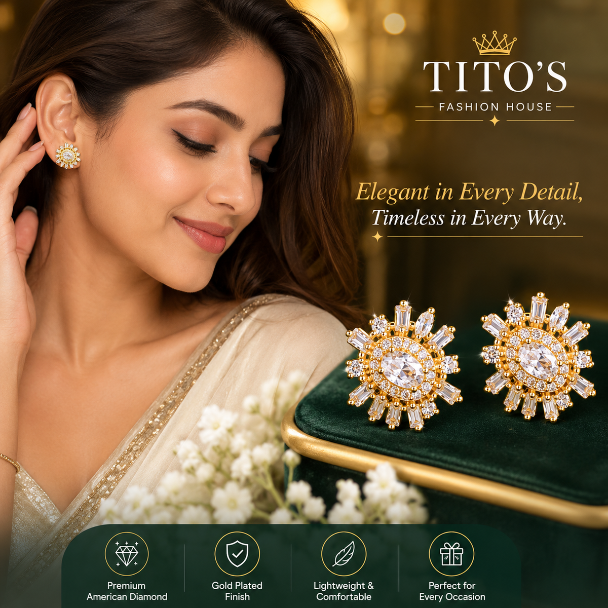 American Diamond Stud Gold Plated Earrings for Women | Elegant Party Wear