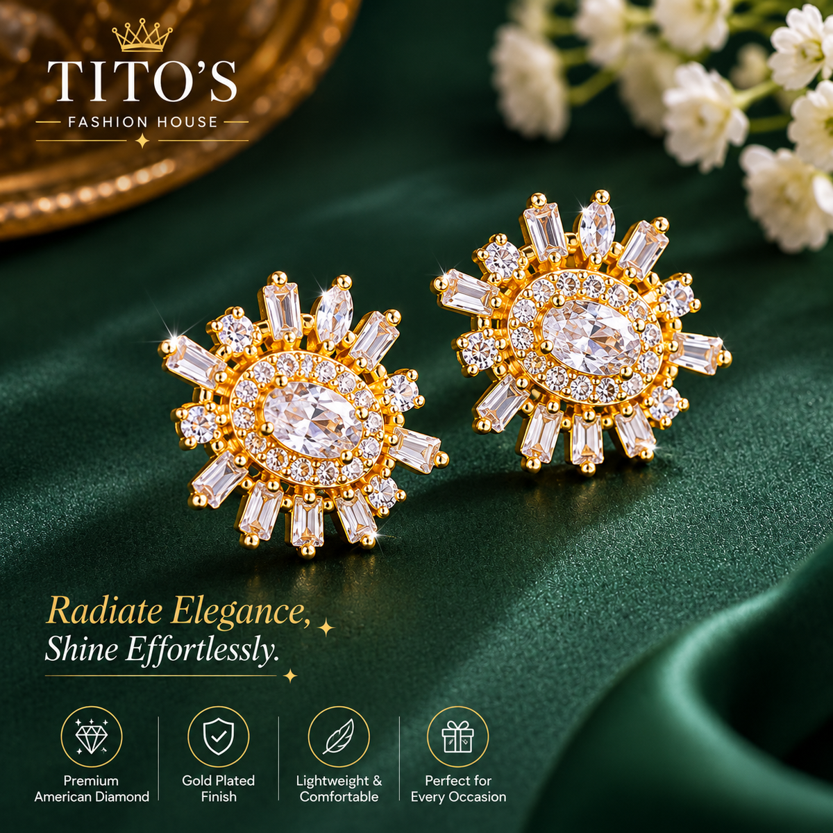 American Diamond Stud Gold Plated Earrings for Women | Elegant Party Wear