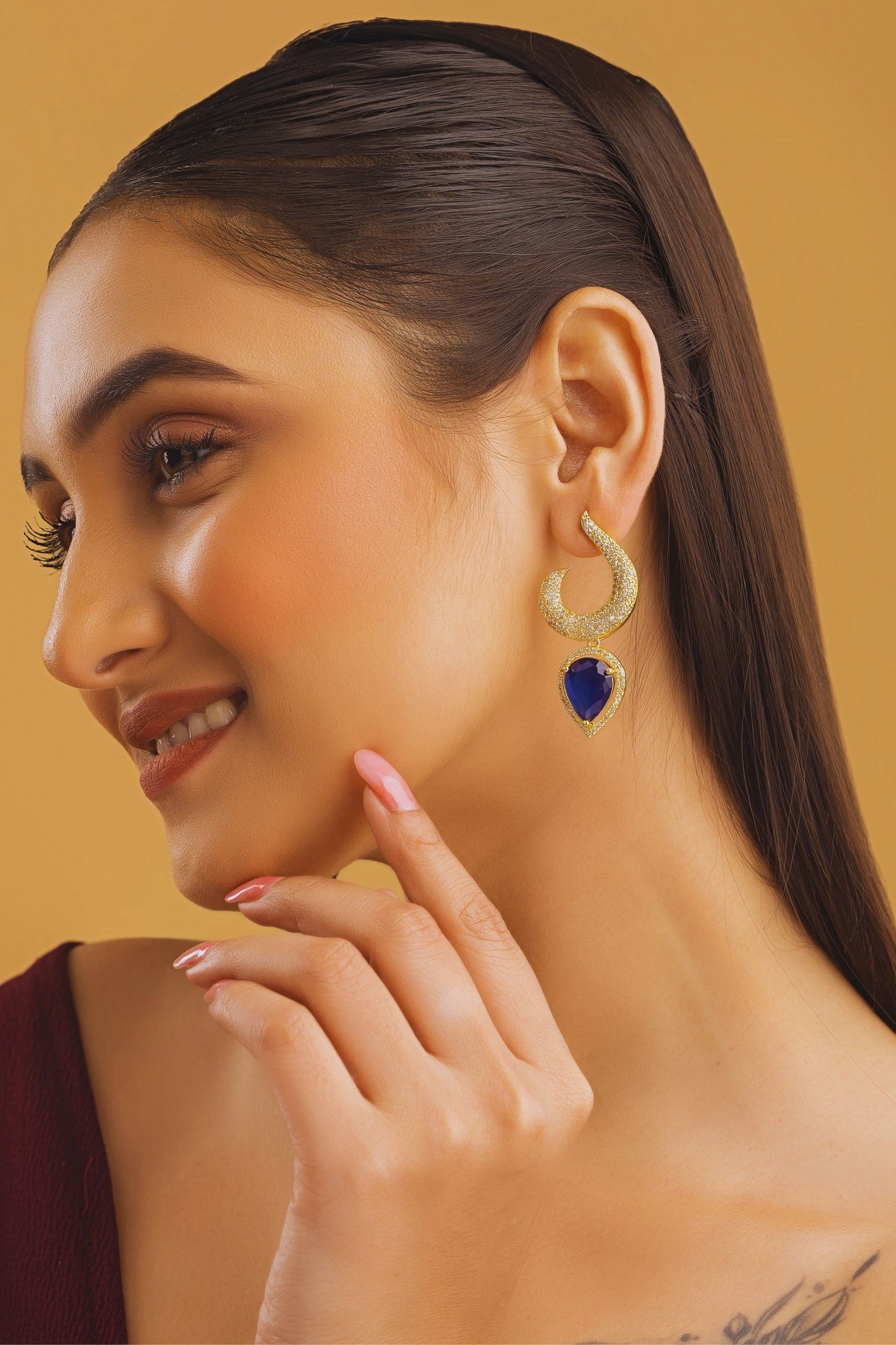 American Diamond Crescent Moon Drop Earrings – Blue Stone