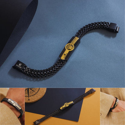 Black braided bracelet with gold clasp on a blue background, close-up and side views.