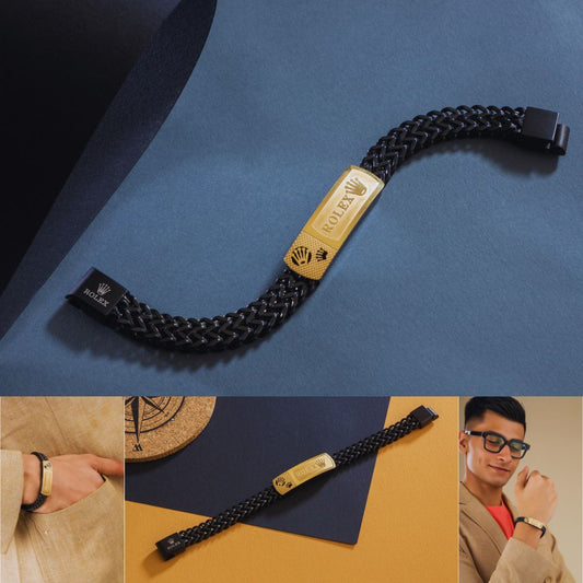 Black braided bracelet with gold tag featuring Rolex logo on a blue surface, with additional shots of the bracelet.