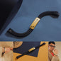 Black braided bracelet with gold tag featuring Rolex logo on a blue surface, with additional shots of the bracelet.