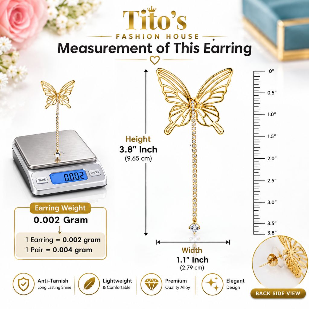 Anti-Tarnish Butterfly Long Drop Earrings for Women & Girls | Crystal Dangler | Tito's Fashion House