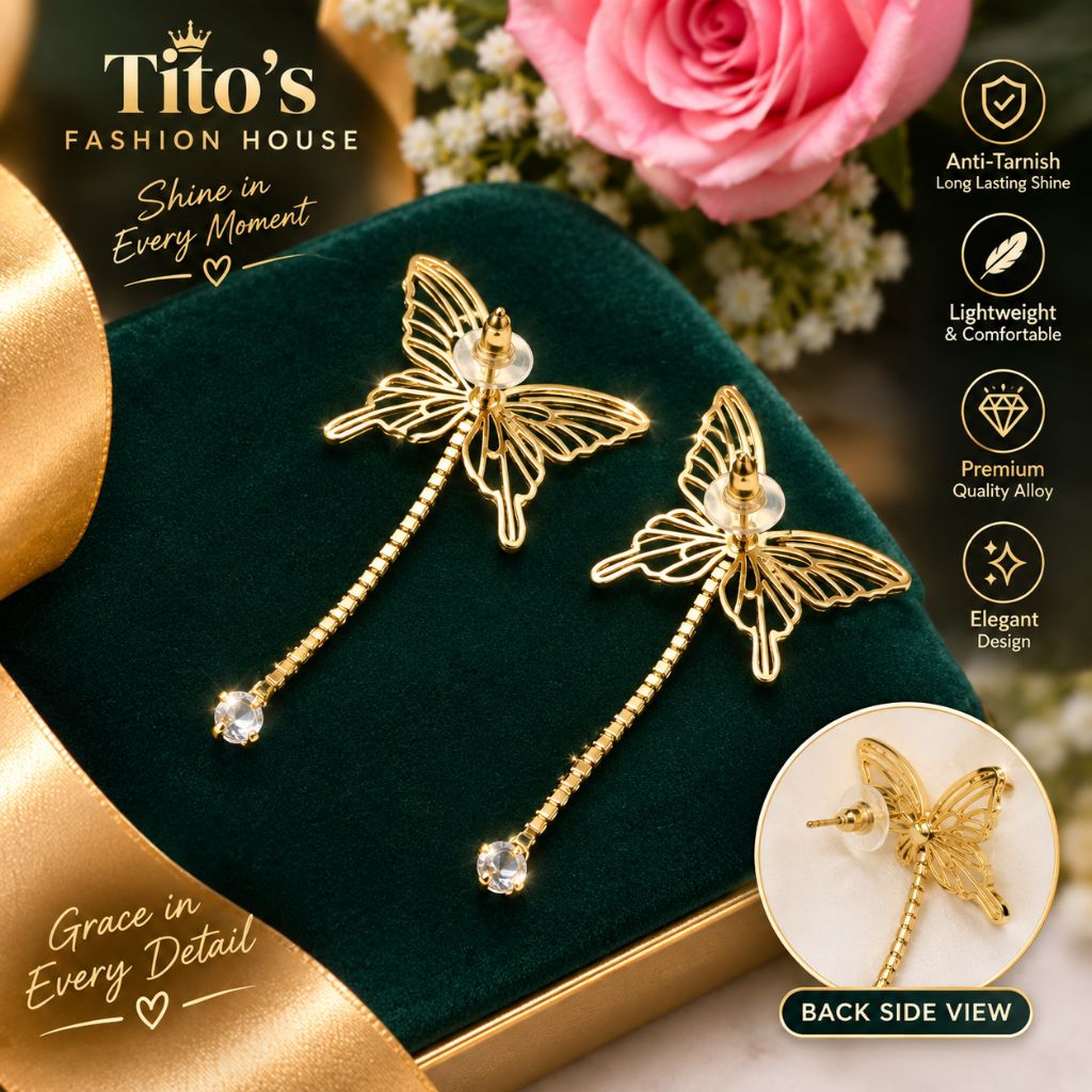 Anti-Tarnish Butterfly Long Drop Earrings for Women & Girls | Crystal Dangler | Tito's Fashion House