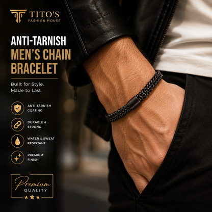 Anti-tarnish men's chain bracelet on a wrist with Tito's Fashion House branding and product features.