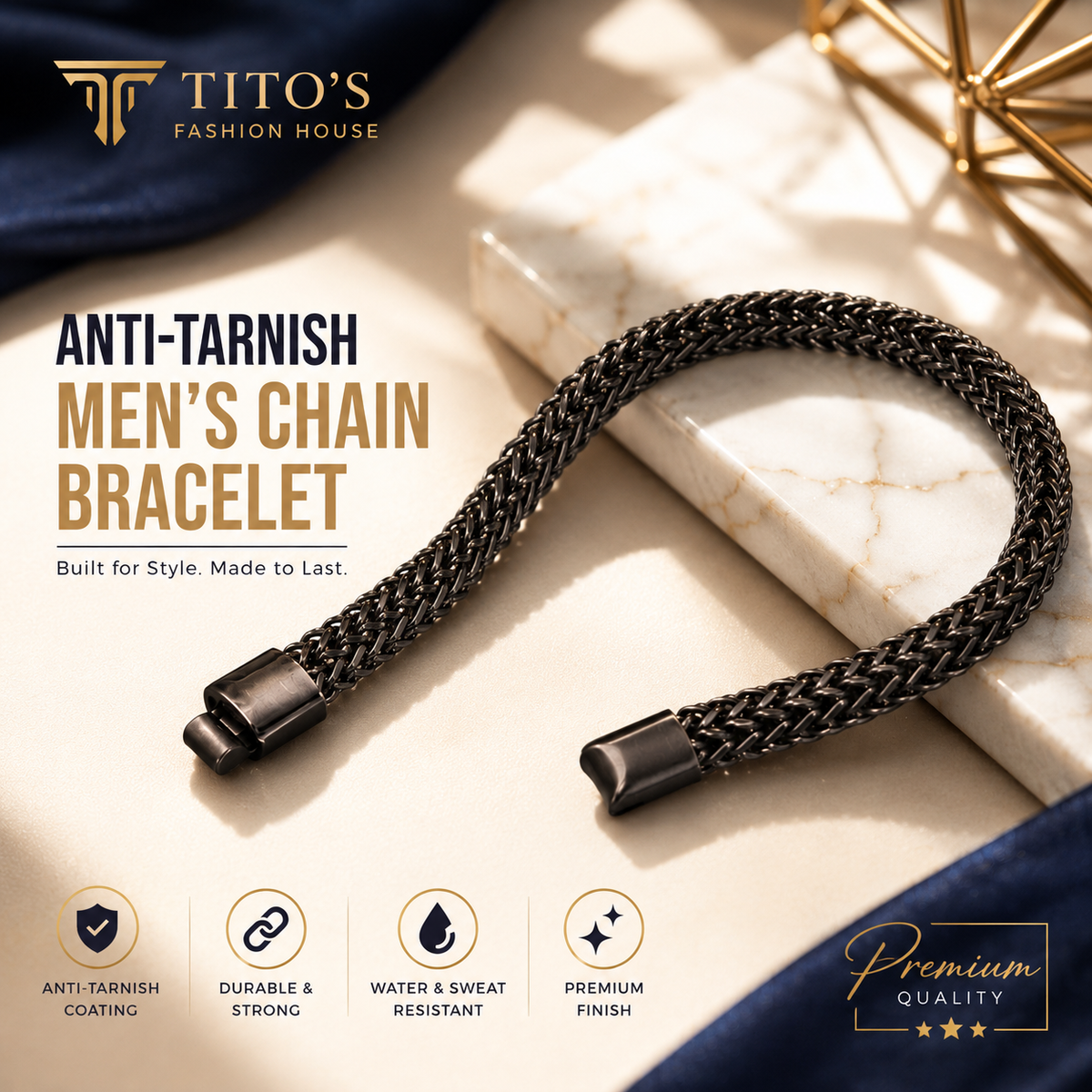 Anti-Tarnish Men's Chain Bracelet | Premium Black Braided Bracelet for Men | Tito's Fashion House