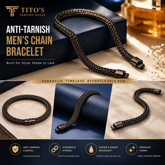 Anti-tarnish men's chain bracelet with Tito's Fashion House branding on a dark surface.