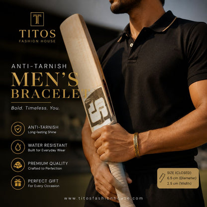 Man holding a cricket bat with TITOS Fashion House branding and product details.