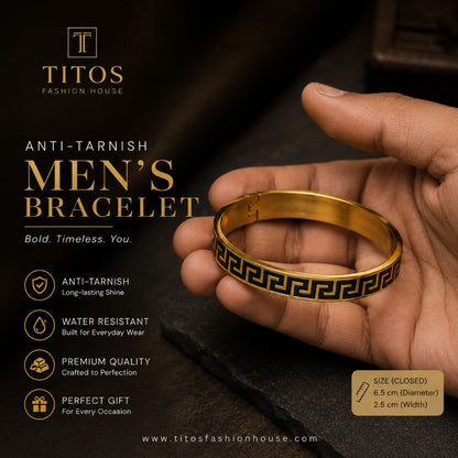 Gold men's bracelet held by a hand with product details on a dark background, featuring Titos Fashion House branding.