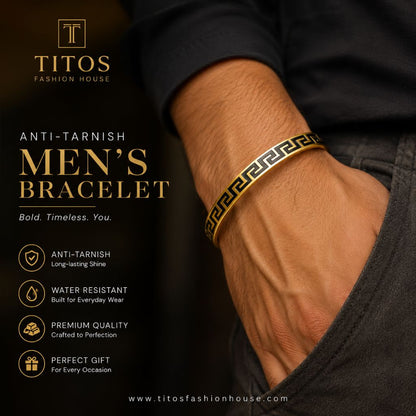 Gold bracelet on a wrist with TITOS Fashion House branding and product features.