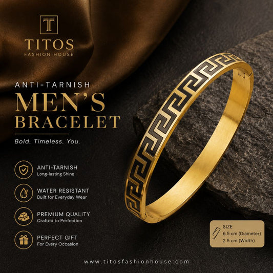 Gold men's bracelet with anti-tarnish features on a dark background, featuring TITOS Fashion House branding.