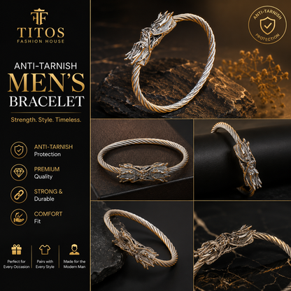 Men's bracelet with anti-tarnish protection, shown from multiple angles on a dark background.