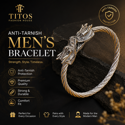 Silver men's bracelet with anti-tarnish protection on a dark background, featuring the TITOS Fashion House brand.