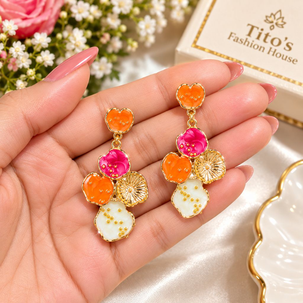 Anti-Tarnish Multi-Color Floral Dangler Earrings for Women & Girls | Trendy Statement Earrings | Tito's Fashion House