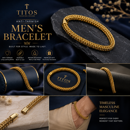Gold men's bracelet with TITOS branding on a dark background