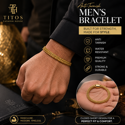 Gold men's bracelet on a wrist with product features listed, branded as TITOS Fashion House.