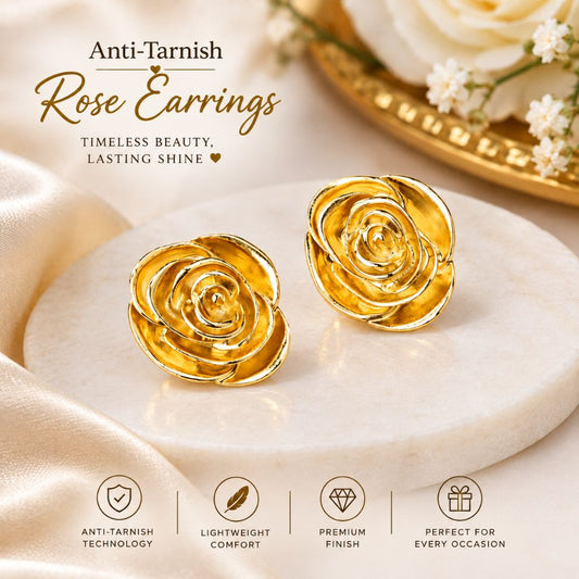 A pair of gold rose-shaped stud earrings displayed on a white marble slab with satin fabric, featuring promotional text and small feature icons at the bottom.