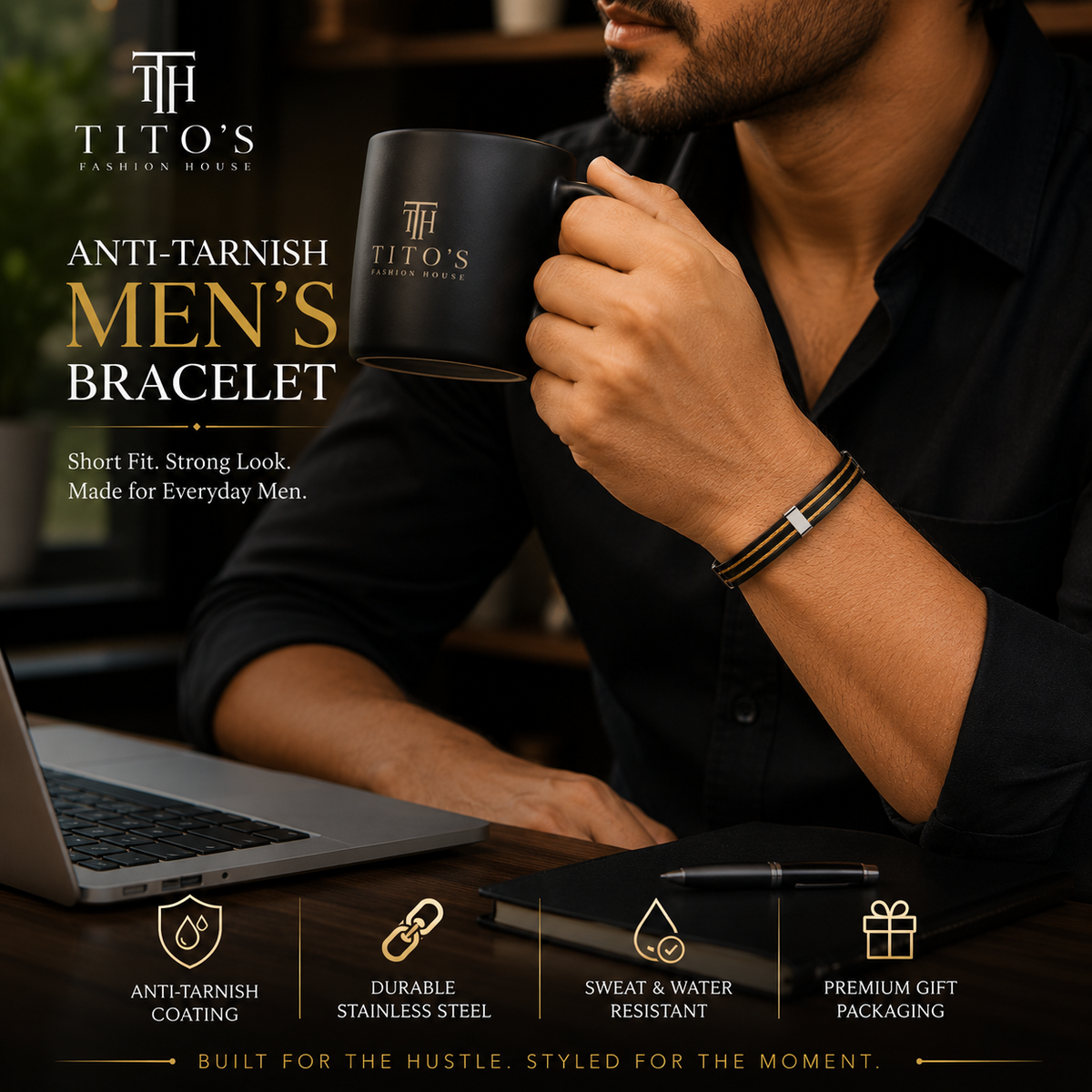 Anti-Tarnish Stainless Steel Men’s Bracelet | Premium Black & Gold Cable Bracelet for Men