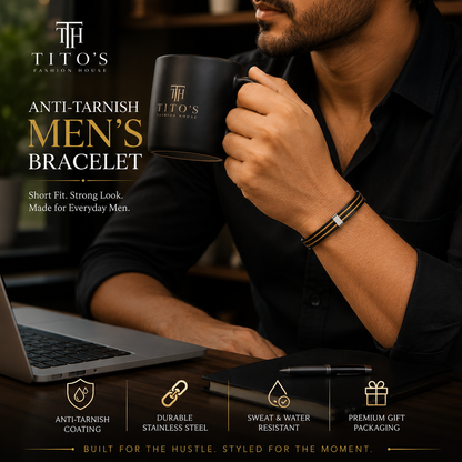 Man holding a black mug with Tito's Fashion House branding, wearing an anti-tarnish men's bracelet.