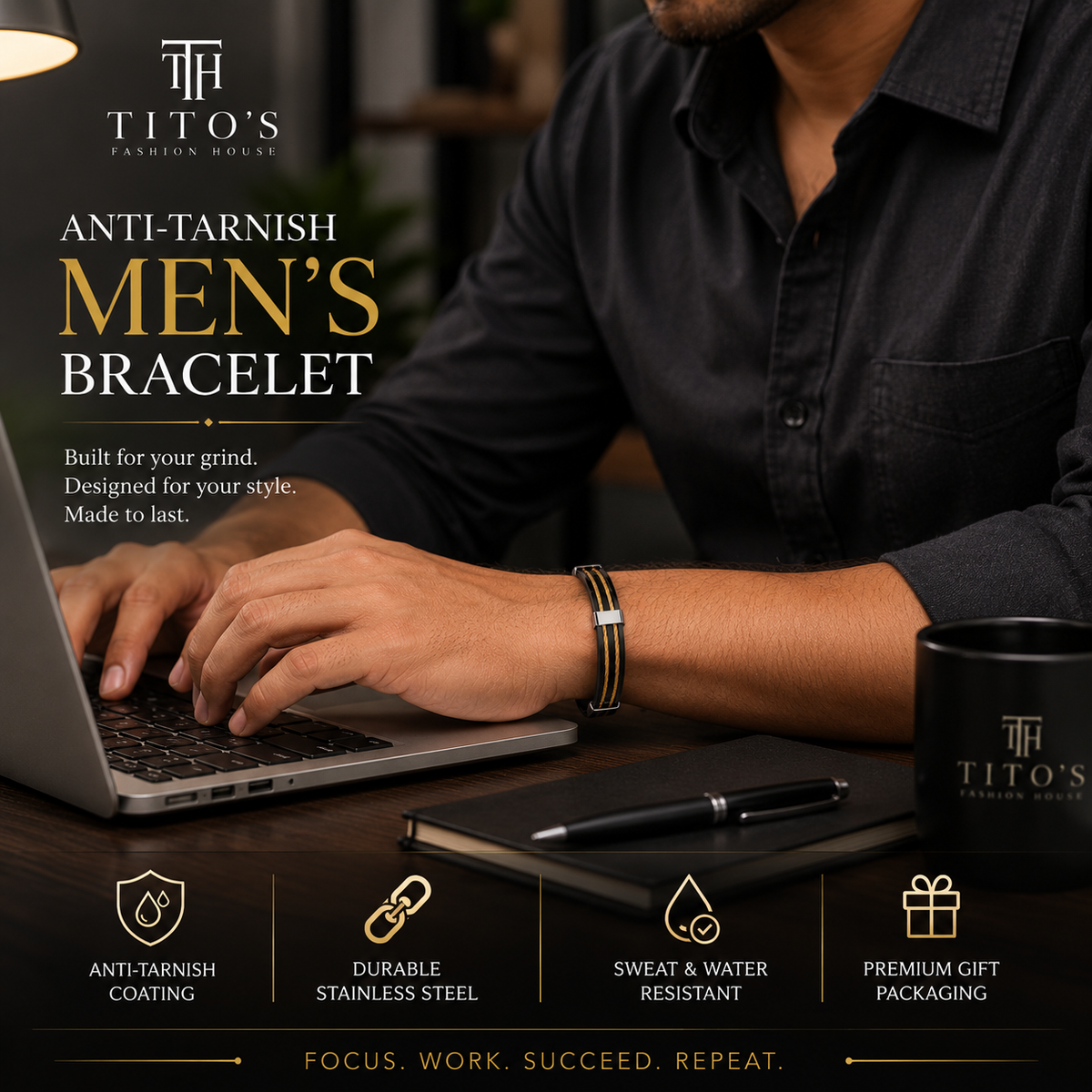 Anti-Tarnish Stainless Steel Men’s Bracelet | Premium Black & Gold Cable Bracelet for Men