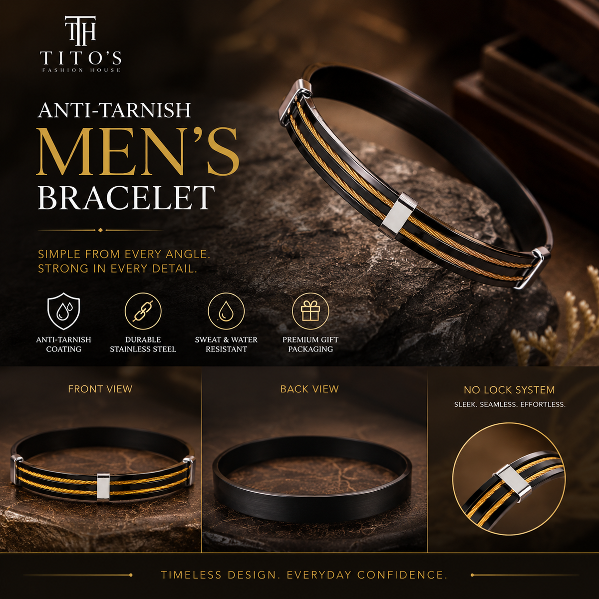 Anti-Tarnish Stainless Steel Men’s Bracelet | Premium Black & Gold Cable Bracelet for Men