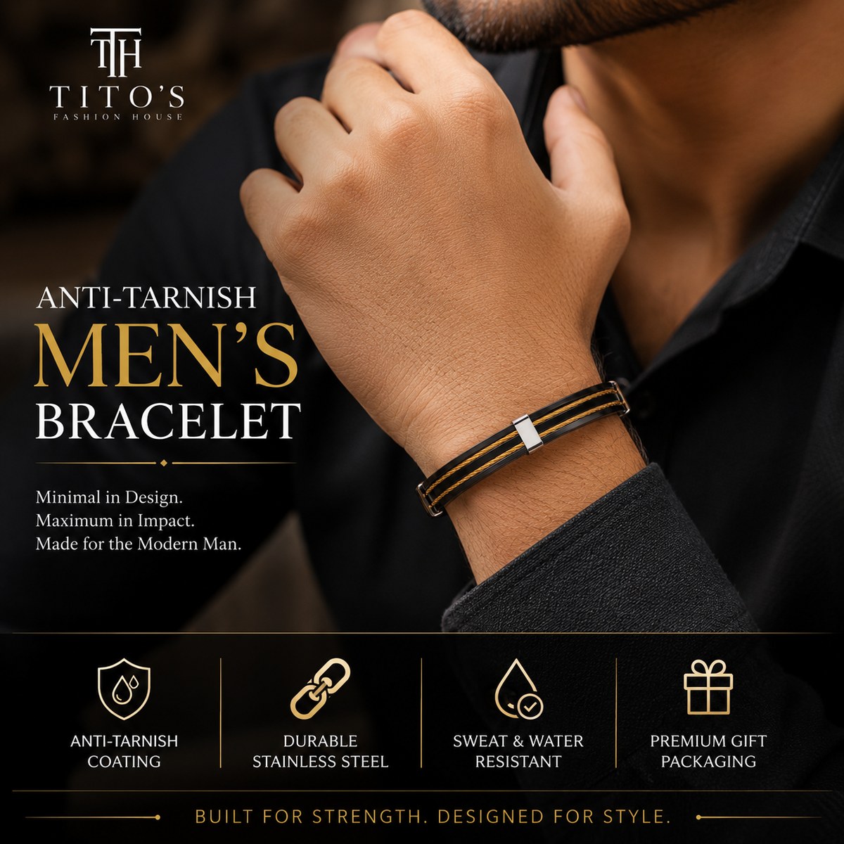 Anti-Tarnish Stainless Steel Men’s Bracelet | Premium Black & Gold Cable Bracelet for Men