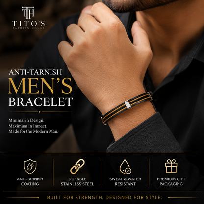 Man wearing an anti-tarnish men's bracelet with product features highlighted.