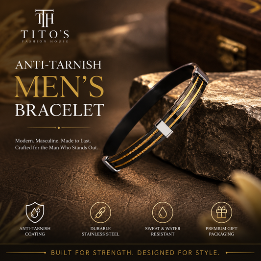 Men's bracelet with anti-tarnish coating on a stone surface, featuring Tito's Fashion House branding.