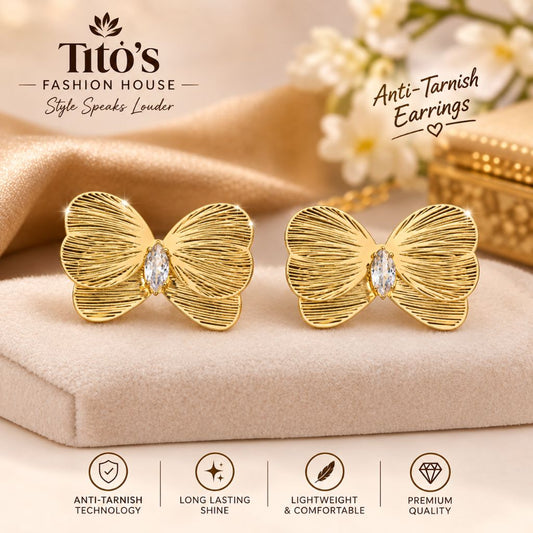 Anti-Tarnish Crystal Bow Stud Earrings for Women & Girls | Gold Plated | Tito's Fashion House