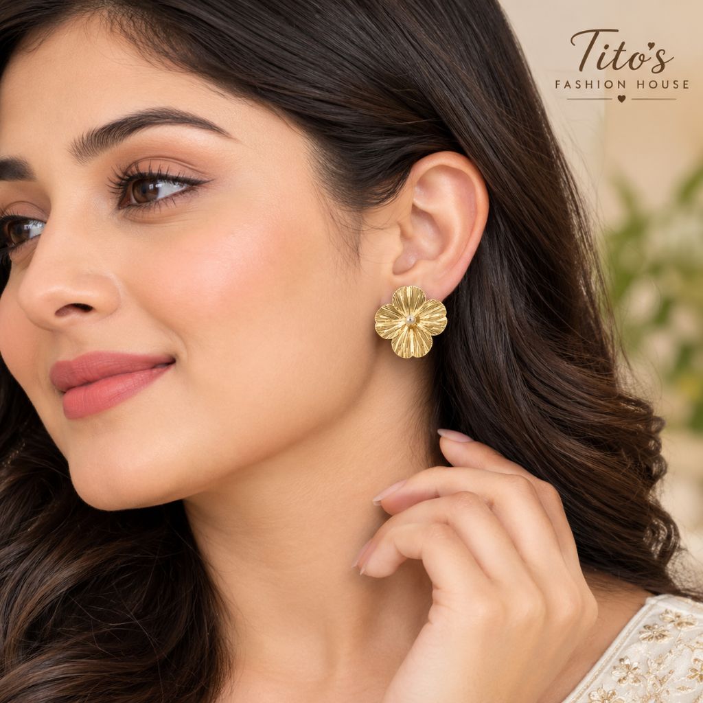 Anti-Tarnish Floral Gold Stud Earrings with Pearl for Women & Girls | Tito's Fashion House