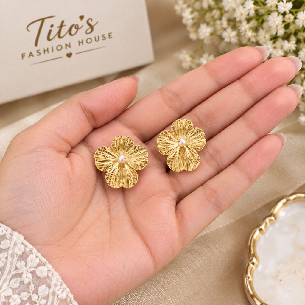 Anti-Tarnish Floral Gold Stud Earrings with Pearl for Women & Girls | Tito's Fashion House