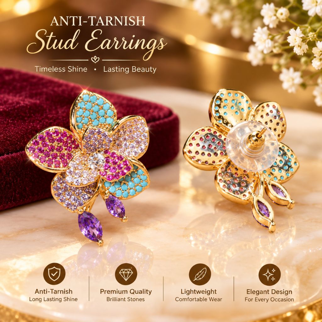 Two gold-tone stud earrings shaped like flowers, decorated with turquoise, pink, and purple rhinestones, displayed on a marble surface next to a dark red velvet box. The image includes promotional text at the top and feature icons at the bottom.